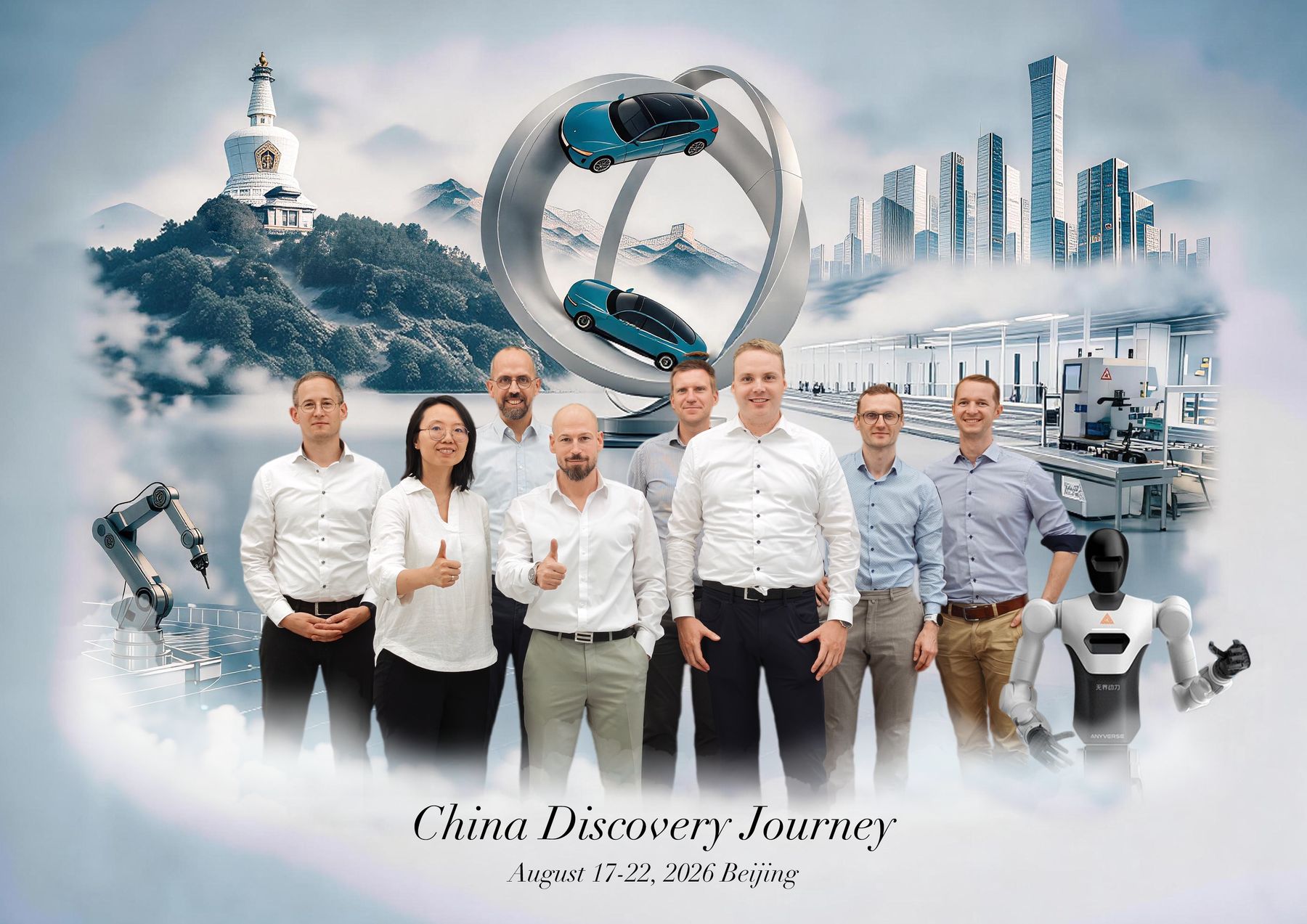 Gruppenbild der Teilnehmenden der China Discovery Journey 2026, collagiert mit Motiven aus Beijing und der Fertigung